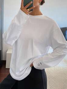 DAZY Women's Loose Fit Round Neck Long Sleeve Casual Sports T-Shirt With Graphic & Letter Embroidery, Spring/Autumn - White - View 1