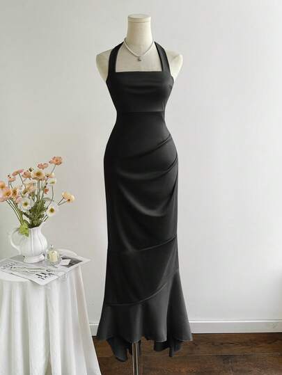 Elamini 女士纯色褶皱美人鱼连衣裙，优雅挂脖式