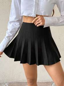 SHEIN Tall Women's Solid Color Pleated Sweater Skirt In Fall/Winter, Tall Women - Black - View 3