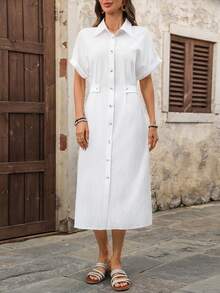 EMERY ROSE 女士休闲纯色单排扣中长连衣裙，夏季 - 白色 - 查看 3