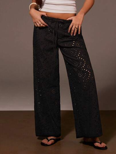 Athîral Women's Casual Vacation Lace Up Black Embroidered Woven Straight Leg Pants, Hollowed Out Black Pants, Black Pants, Embroidered Pants, Beach Wear, Outdoor Wear, Versatile Items, Summer Wear, Holiday Wear, Music Festival Wear