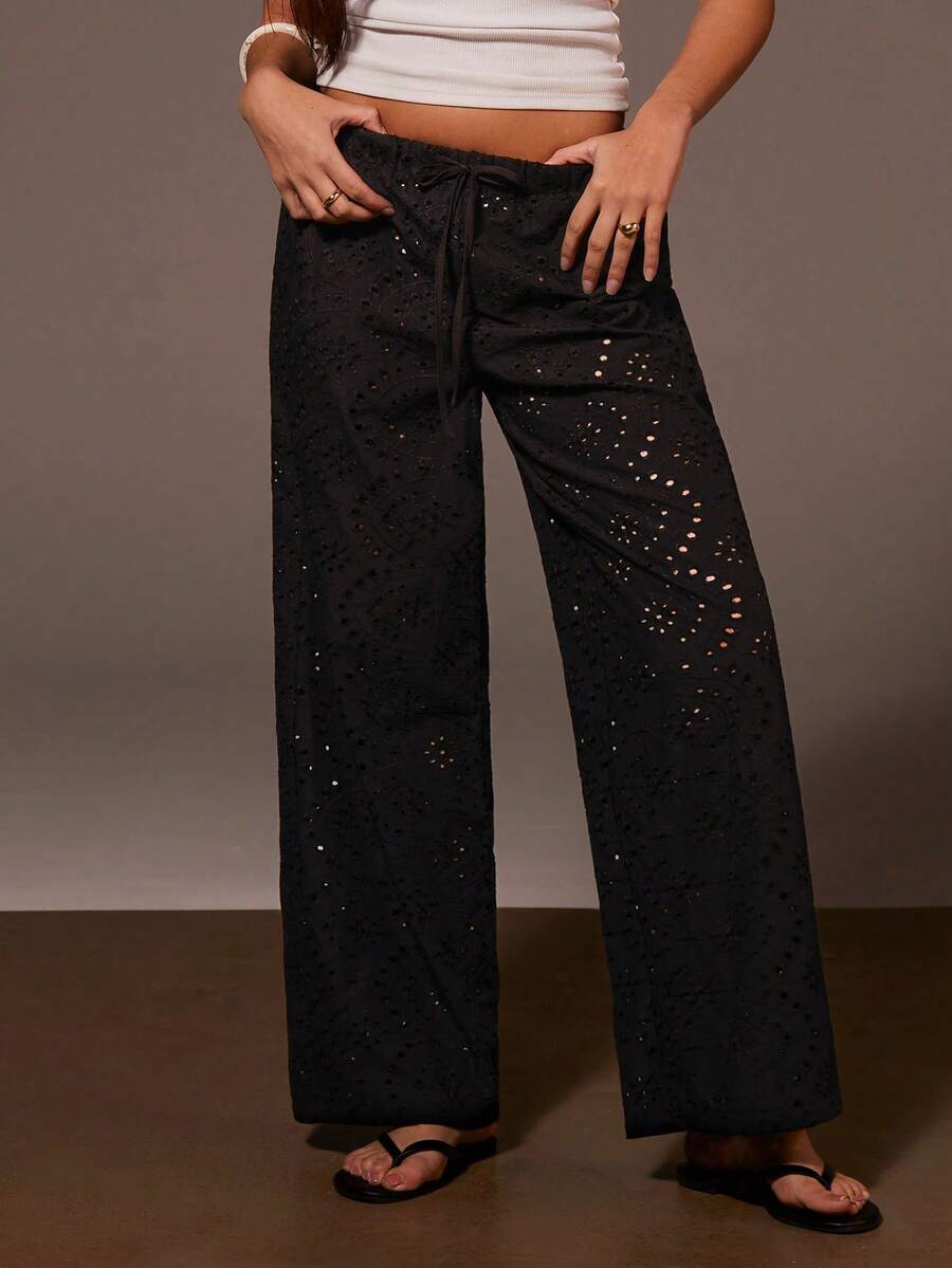 Athîral Women's Casual Vacation Lace Up Black Embroidered Woven Straight Leg Pants, Hollowed Out Black Pants, Black Pants, Embroidered Pants, Beach Wear, Outdoor Wear, Versatile Items, Summer Wear, Holiday Wear, Music Festival Wear - Black - View 1