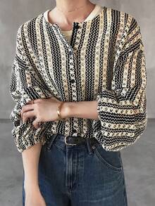 FRIFUL Women's Round Neck Open Front Textured Fabric Jacket - Beige - View 1