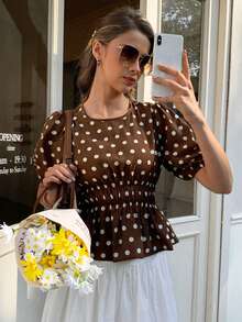 Elyressa Round Neck Raglan Sleeve Gathered Waist Ladies Woven Elegant Summer Blouse - Brown - View 5