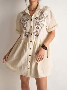 Freevana Holiday Loose Embroidered Casual Women Summer Shirt Dress With Ruffled Hem - Beige - View 6