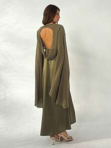 Aloruh Women's Glamorous Elegant Olive Green Autumn Party Night Chiffon Batwing Sleeve Satin Bias Skirt Maxi Dress - Khaki - View 3