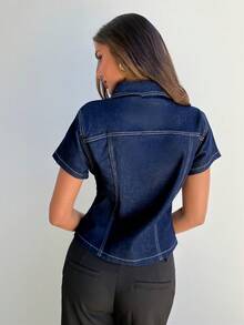 Aloruh 女士前开襟纽扣休闲百搭短袖牛仔衬衫 - 藍色 - 查看 7