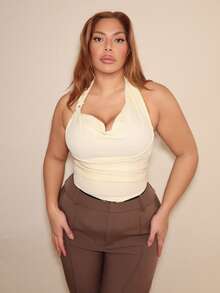 MelDlgn 大码女式淡黄色纹理针织肩带上衣，时尚迷人，适合派对、约会、婚礼、下午茶、音乐节、浪漫海滩度假、春夏邮轮度假淡黄色上衣露背上衣 - 黃色 - 查看 3