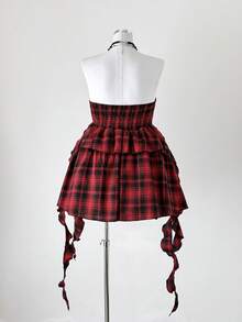 Sunspun Sexy Backless Asymmetrical Plaid Mini Dress, Fitted Design, Fashionable, For Spring/Summer - Red - View 2