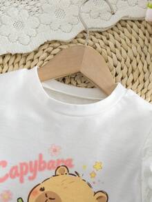 SHEIN 1pc Girls Cute Strawberry Bear & Popcorn Print Round Neck Short Sleeve Top - White - View 4