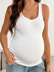 SHEIN Maternity Solid Color Ruched Sweetheart Neck Fitted Fashion Tank Top Summer - White - View 7