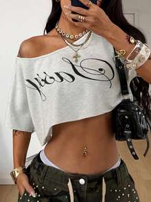 Coolane Summer Outfits Women Concert Outfit Streetwear Y2K Casual Daily Wear Sportswear French Grey Off The Shoulder Asymmetrical Neck Crop T-Shirt