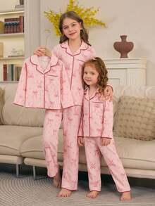 2 pezzi Set pigiama da ragazza con pantaloni larghi e top a maniche lunghe, con ricamo di ciliegie, casual e carino - Rosa - Visualizzare 3