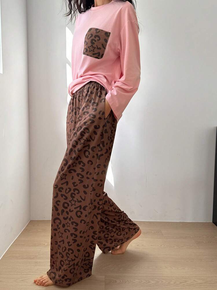 Casual Leopard Print Patchwork Loose Women Pajama Set
