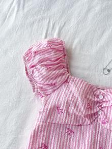 SHEIN Tween Girl Casual Minimalist Comfortable Plaid Bow Back Tie Shirt - Pink - View 4