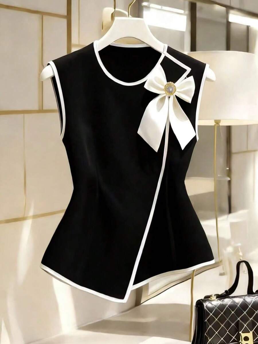 GlowEve 女士撞色滚边无袖蝴蝶结装饰优雅衬衫 - 黑色 - 查看 1