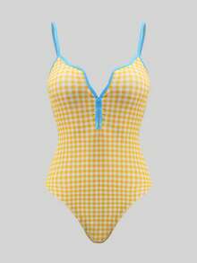 Sweetra Bộ đồ bơi liền thân màu vàng kẻ caro phối xanh dương dễ thương cho kỳ nghỉ xuân/hè 2022, kèm váy. - Nhiều màu - Xem 5