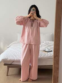 DAZY 条纹褶皱系领灯笼袖宽松女士睡衣套装 - 粉色 - 查看 5