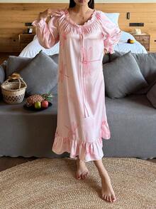 DAZY Romantic Dragonfly Print Satin Off-Shoulder Loose Women Nightgown - Pink - View 7