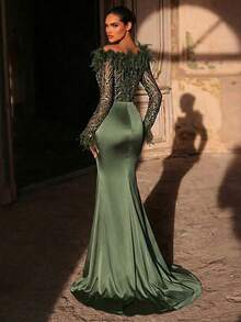Glamrae Elegant Formal Sexy Pearl Sequin Embroidered Strapless Mermaid Dress Ruched Elastic Knit Gown Furry Twist Sleeve Wedding Prom Rehearsal Dinner Party - Army Green - View 3