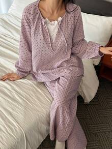 DAZY 波点印花宽松灯笼袖女士睡衣套装 - 紫色 - 查看 10