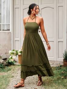 SHEIN VCAY Vestido casual de vacaciones con cuello halter sin espalda de unicolor para mujer de talla grande - Verde militar - Ver 8