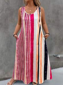 EMERY ROSE 大码休闲撞色条纹印花无袖连衣裙 - 彩色 - 查看 7