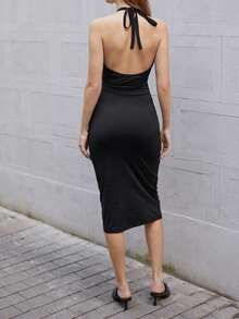 Maija 女士V领系带优雅无袖连衣裙，百搭时尚设计，适合正式、商务休闲等场合，舒适贴身，修身显瘦，适合春夏穿着。 - 黑色 - 查看 2