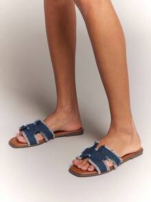 SHUZIA #Streetchic Women's Harness Cut-Out Open Toe Soft-Cushion Dark Indigo Slide Sandals – Casual, & Easy To Style - Blue - View 5