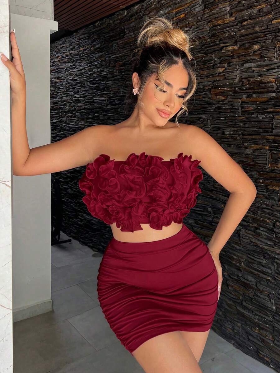 SHEIN SXY 2pcs Set: 3D Floral Trim Bandeau Top And Ruched Bodycon Mini Skirt Ruffle Top Set Skirt Two Piece Set - Red - View 1