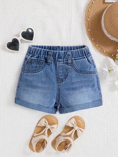 SHEIN Young Girl Y2K Blue Casual Basic Denim Shorts,Spring And Summer Casual Vacation Country Boho Wear, Beach, Western Street Wear For Girl