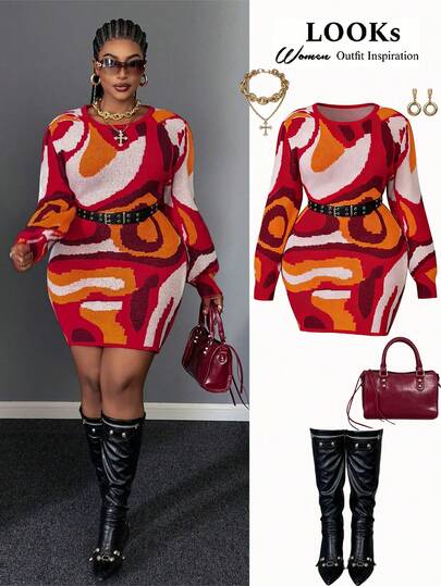 Maweii Vestido de punto de talla grande con estampado abstracto colorido, de corte ajustado, de manga larga, cuello redondo, estilo elegante y de moda joven para fiestas, en estilo retro callejero de alta gama y diseño exclusivo, para mujer, casual y sencillo, para Año Nuevo y otoño-invierno