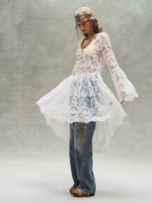 Bohemela 女士休闲纯色编织蕾丝长袖荷叶边迷你连衣裙 - 白色 - 查看 7