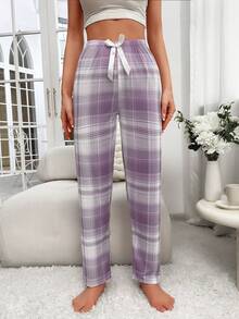 Dream Adore Quần ống đứng dáng rộng kẻ caro trang trí nơ dành cho nữ - Màu tím - Xem 3