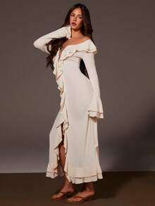 Athîral 女士纯色休闲荷叶边连衣裙 - 米色 - 查看 5