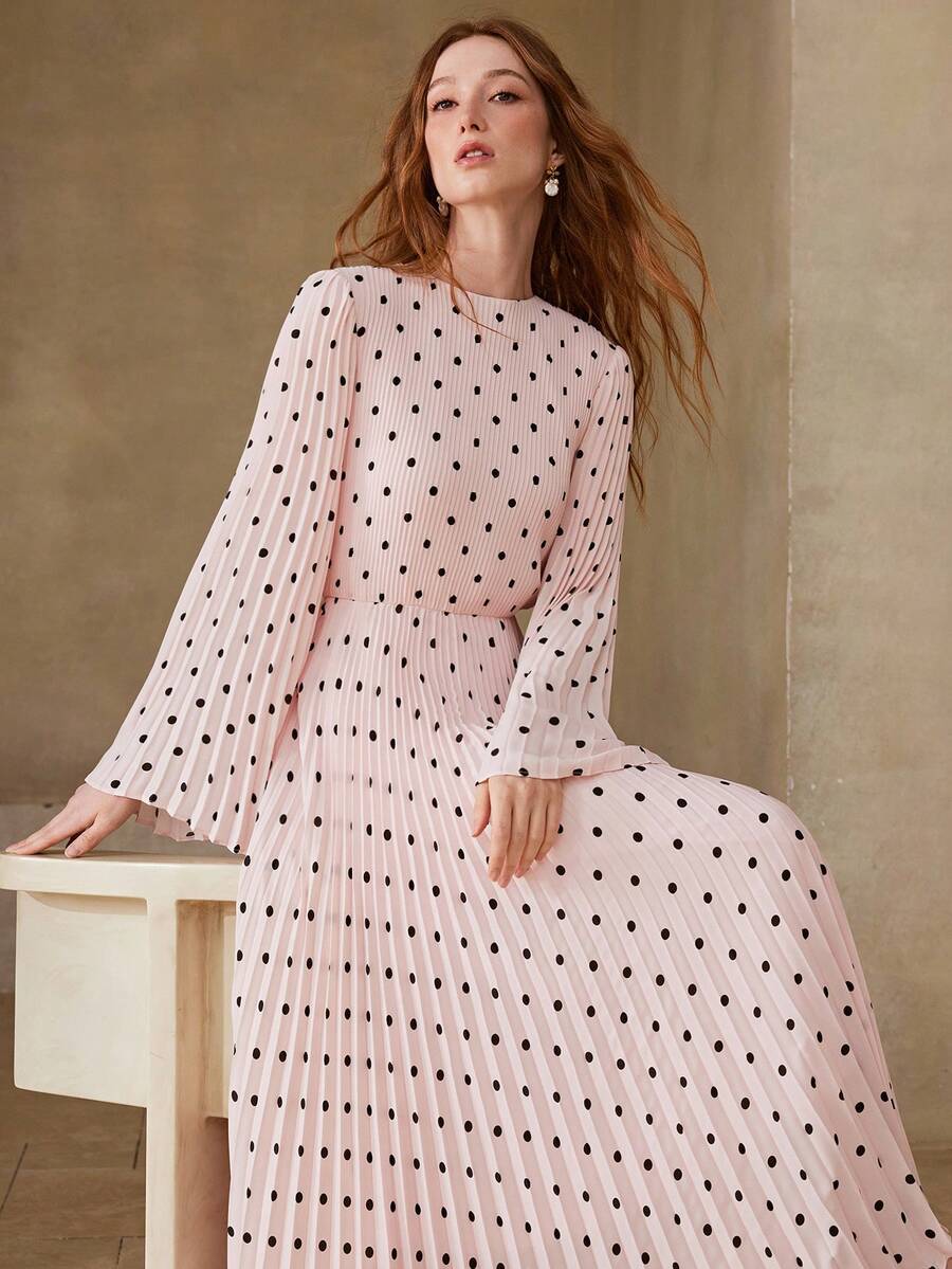 MOTF PREMIUM Đầm dài tay xếp ly họa tiết chấm bi thanh lịch dành cho nữ, thích hợp cho mùa xuân/hè. - Hồng - Xem 1