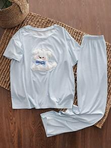 2pcs Women Summer Cute Cartoon 3D Dog Print Striped Round Neck Short Sleeve Loose Casual Pajama Set - Blue - View 7