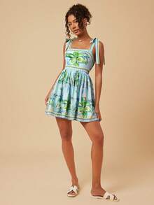 Travachic Women's Romantic Floral Print Tie-Up Vacation Dress - Green - View 4