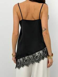 Aloruh 女士时尚蕾丝拼接不对称下摆黑色吊带背心，缎面蕾丝饰边，性感百搭，情人节必备 - 黑色 - 查看 3