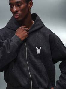 PLAYBOY X SUMWON Áo hoodie dáng ngắn màu than chì với họa tiết chữ in phía trước, logo phía sau, thiết kế hợp tác, khóa kéo toàn thân, dáng rộng, phong cách đường phố thường ngày, mùa đông và mùa thu. - màu đen - Xem 5