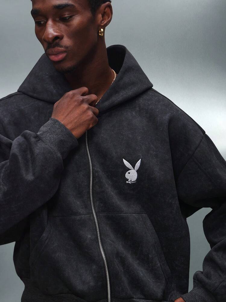 PLAYBOY X SUMWON Crop Fit Charcoal Hoodie With Script Print Front Logo Back Collaboration Design Full Zip Oversized Fit Casual Streetwear Winter Fall