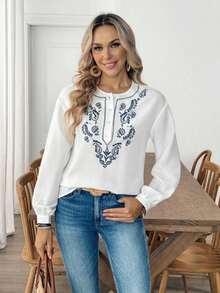 Louniche 女士春季休闲白色刺绣波西米亚风圆领半开襟长袖宽松复古碎花衬衫 - 白色 - 查看 5