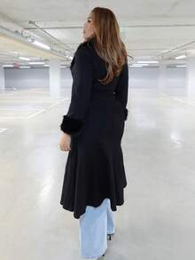 MelDlgn Plus Size Solid Color Mermaid Overcoat, Autumn/Winter - Black - View 7