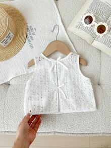 女婴可爱夏季休闲百搭白色刺绣镂空背心 - 白色 - 查看 3