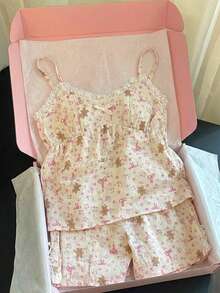 CovetEZ Conjunto de camiseta y pantalones cortos casual, lindo y dulce con estampado de oso y lazo floral rosa, adecuado para primavera/verano - Multicolor - Ver 5