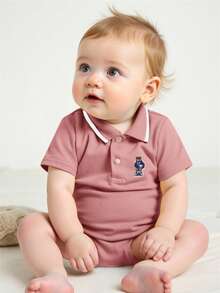 Cozy Pixies 新生儿卡通熊贴花休闲连体衣 - 粉色 - 查看 7