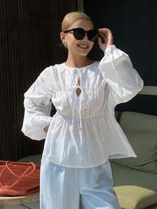 Livesso Áo sơ mi nữ cổ chữ V buộc dây, chất liệu vải dệt, kiểu dáng thời trang thường ngày. - trắng - Xem 4