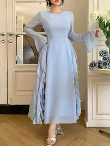 DAZY Đầm cocktail dáng midi ôm sát cổ bèo cho nữ, thích hợp làm đầm dự tiệc cưới hoặc đầm mùa hè. - Màu xanh lam - Xem 7