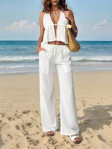 SHEIN Tall CURVE Bộ đồ 2 mảnh thời trang dành cho nữ cỡ lớn, màu trơn, có bèo nhún ở gấu, kiểu áo yếm hở lưng và quần. - trắng - Xem 8