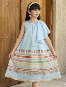SHEIN Tween Girl Ruffle Asymmetric Print A-Line Sleeveless Dress Girls Turquoise Blue Dress Girls Modest Dress - Mint Blue - View 5